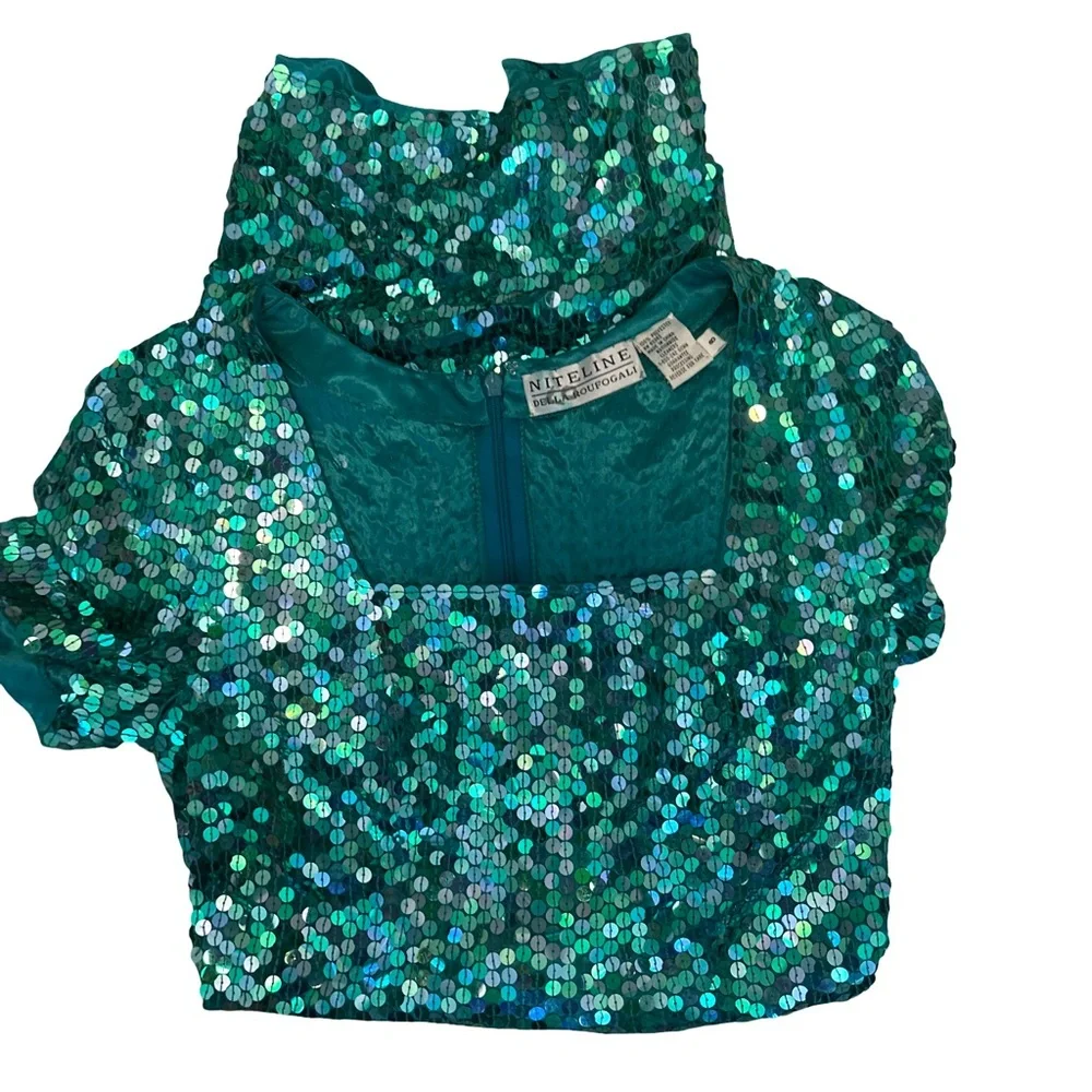 Vintage Niteline Blue Mid length Sequin Beads Della Roufogali Dress Size 8 - Picture 8 of 9